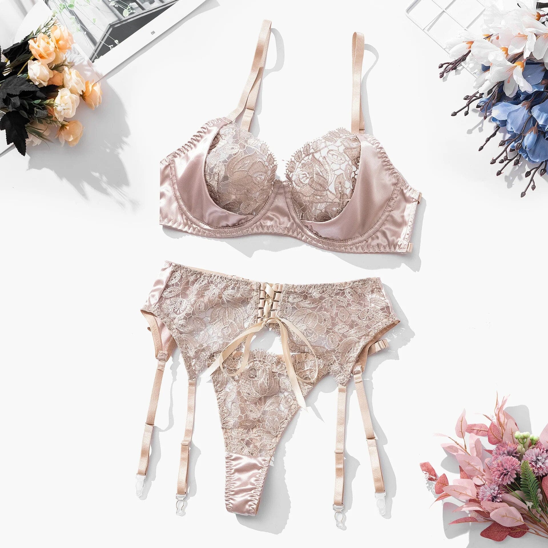 Embroidered Lace 3 Piece Lingerie Set