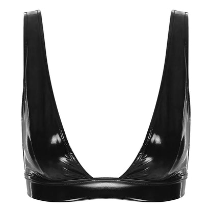 Womens Patent Leather Bra Tops Ladies Wide Shoulder Straps Crop