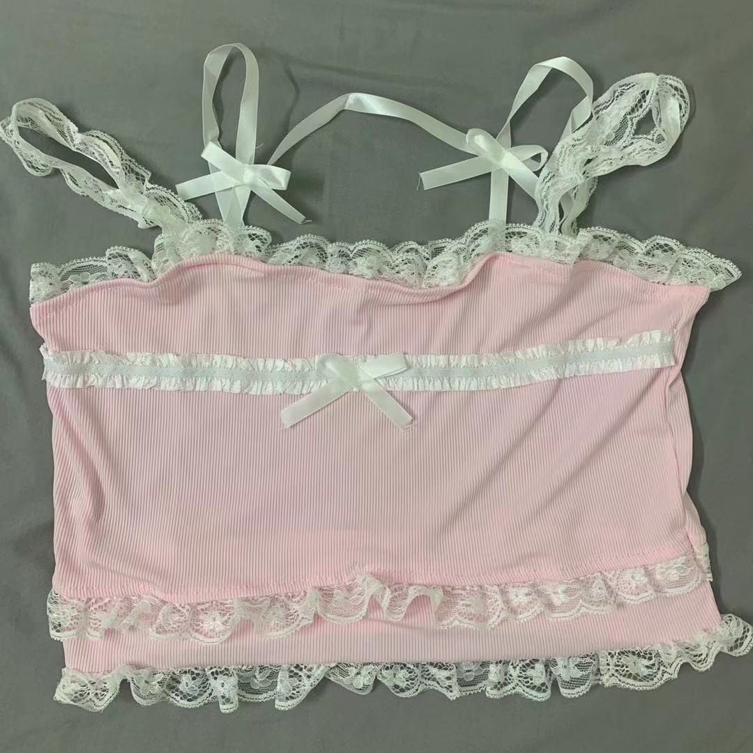 Kinky Cloth Pink / S Bow Lace Tank Crop Top