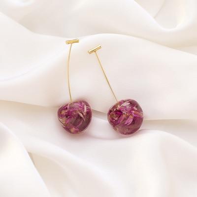 Kinky Cloth 200000168 Cherry Dry Flower 2 Cherry Fruit Long Dangle Earrings, Cherry Dry Flower Drop Earrings