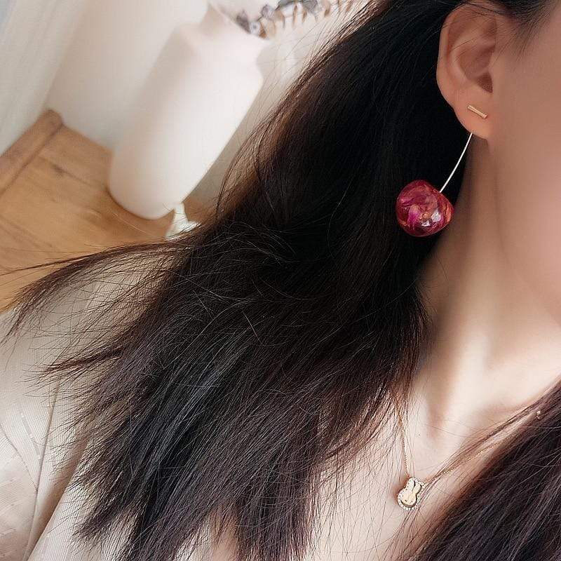 Kinky Cloth 200000168 Cherry Fruit Long Dangle Earrings, Cherry Dry Flower Drop Earrings