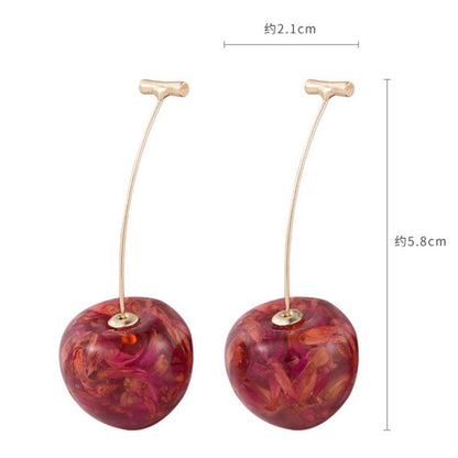 Kinky Cloth 200000168 Cherry Fruit Long Dangle Earrings, Cherry Dry Flower Drop Earrings