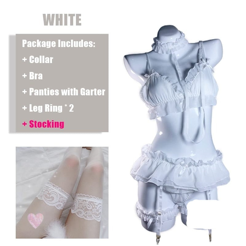 Kinky Cloth Set A with stocking / Large(60-75kg) Lolita Ruffles Lingerie Set