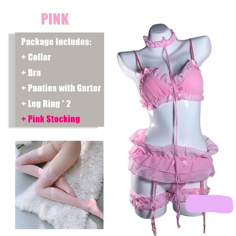 Kinky Cloth Set C with PK socks / Large(60-75kg) Lolita Ruffles Lingerie Set