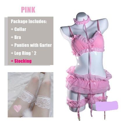 Kinky Cloth Set C with stocking / Large(60-75kg) Lolita Ruffles Lingerie Set