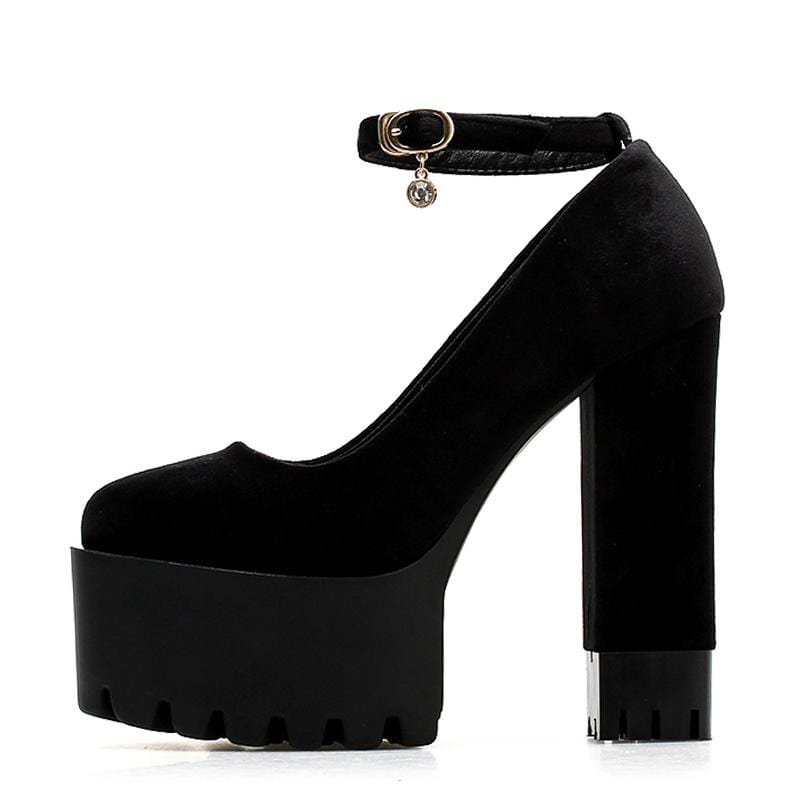 Mary Jane Chunky Heels Platform Shoes, Black Suede Platform Doll