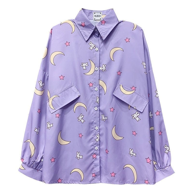 Kinky Cloth Purple 1 / M Moon Print Button Up Oversized Top