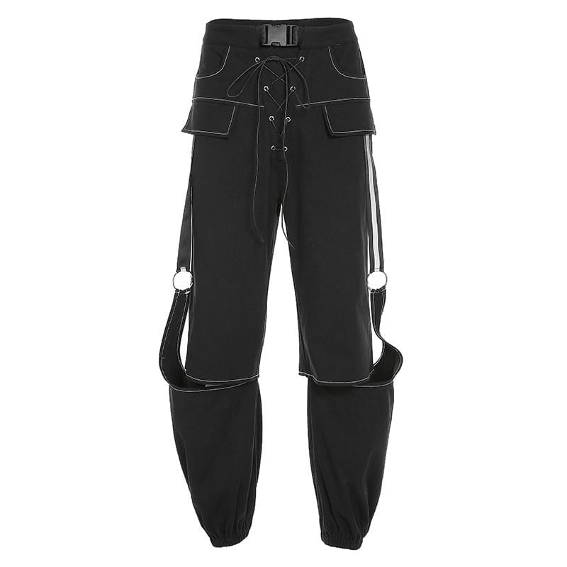 Reflective Black Lace Up Cargo Pants, High Waist Trousers