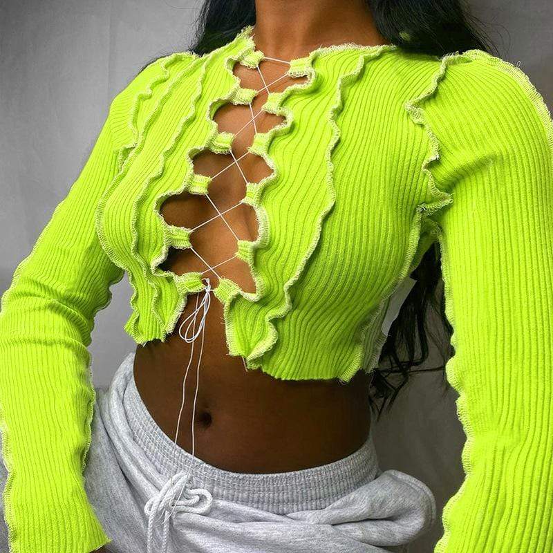 Ribbed Patchwork Lace Up Crop Top, Long Sleeve Hollow Out Knitwear