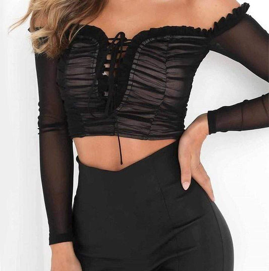 Kinky Cloth Black / S Ruffle Mesh Lace Up Top