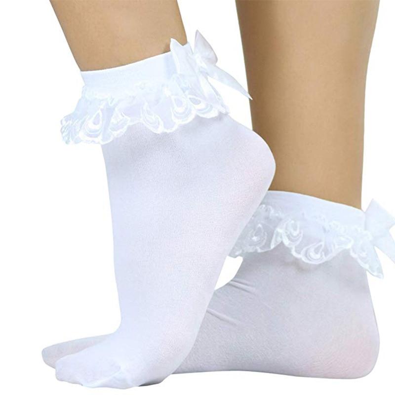 White Bow Ankle High Heels Socks, Cotton Lace Ruffle Ankle Heel
