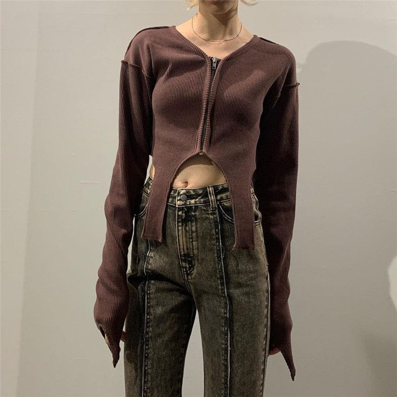 Kinky Cloth Zip Up Knitted Crop Top