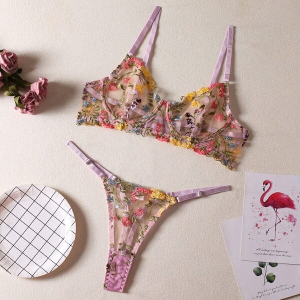 Kinky Cloth Purple / S 2-Piece Embroidery Floral Lace Bra Set