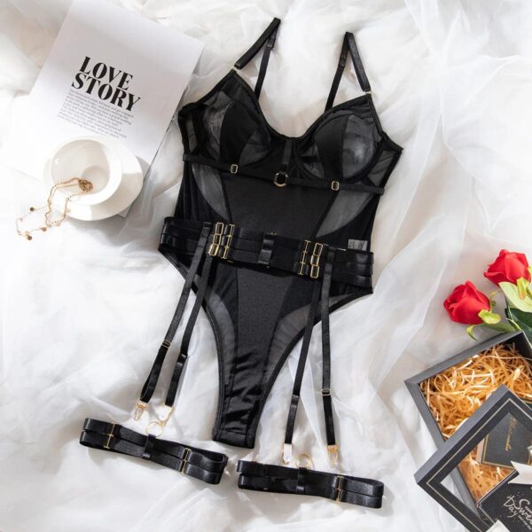 Kinky Cloth black / S 2-Piece Patchwork Mesh Garter Bodysuit Set