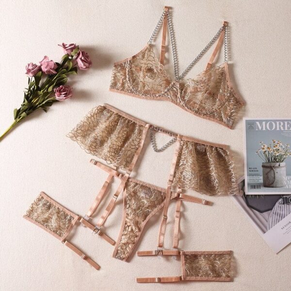 Kinky Cloth Apricot / S 3-Piece Embroidery Chain Lingerie Set