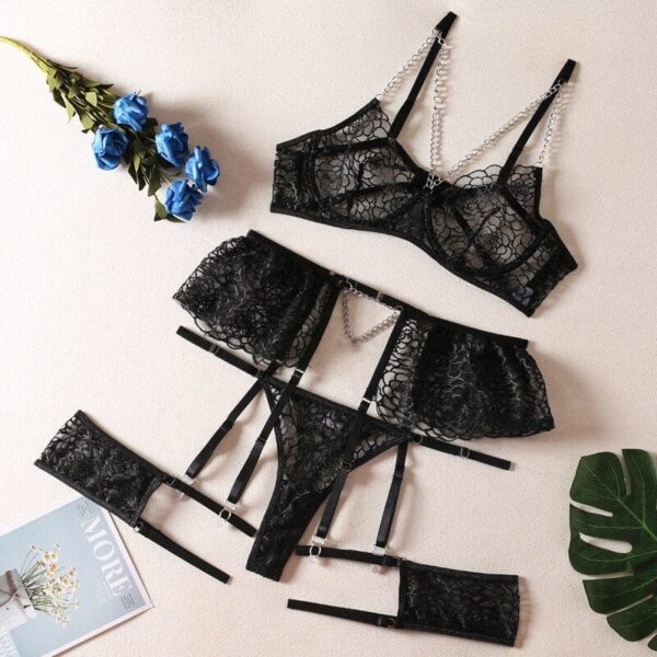 Kinky Cloth Black / S 3-Piece Embroidery Chain Lingerie Set