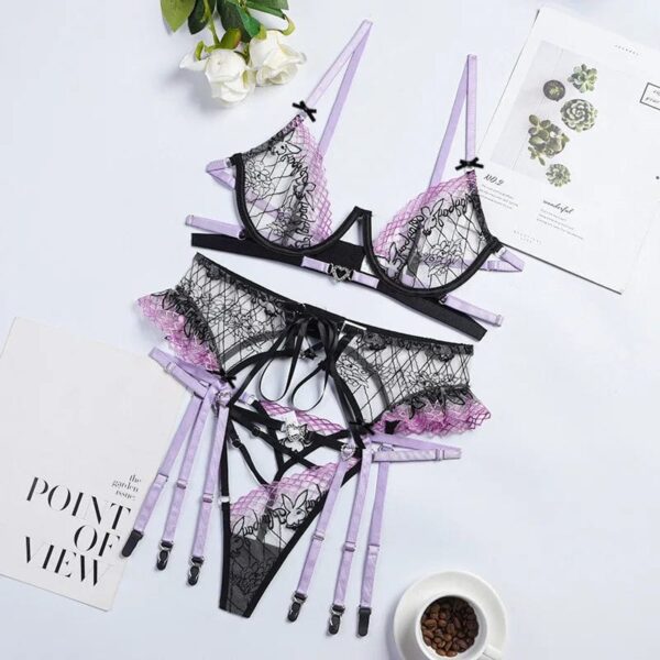 Kinky Cloth Black Purple / S 3-Piece Lace Embroidery Lingerie Set