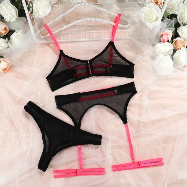 Kinky Cloth Black Pink / S 3-Piece Mesh Underwear Set