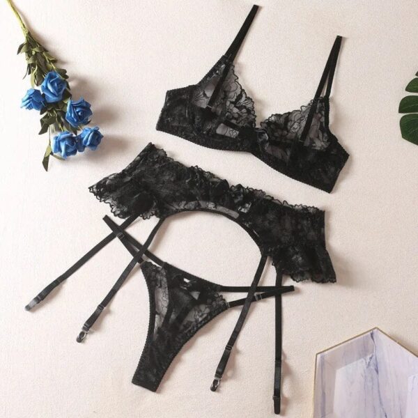 Kinky Cloth Black / S 3-Piece Transparent Embroidery Lingerie Set