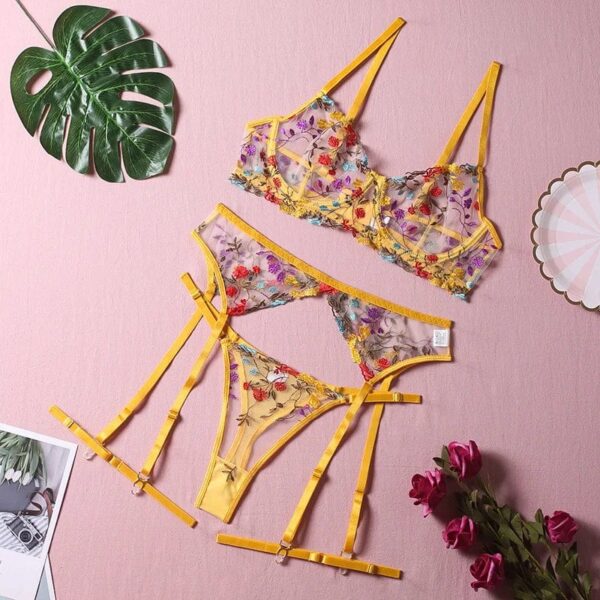 Kinky Cloth Yellow / S 3-Piece Transparent Floral Lace Bra Set