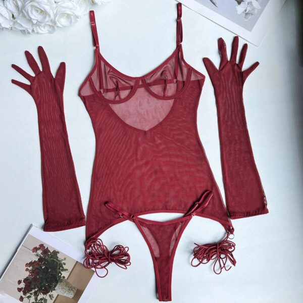 Kinky Cloth wine red / S 4-Piece Sheer Backless Lingerie Set