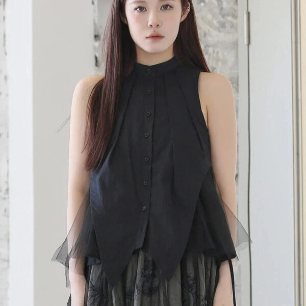 Black Pleated Mesh Sleeveless Blouse | Buy Online | Kinky Cloth