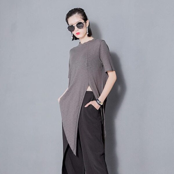 Kinky Cloth Dark grey / One Size Asymmetrical Vent Long T-Shirt