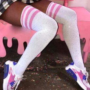 Kinky Cloth Socks White/ Pink Stripes Athletic Rhinestone Thigh High Socks