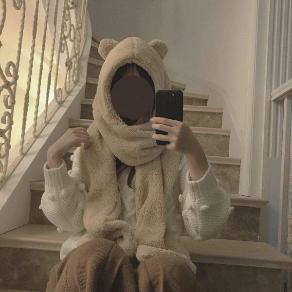 Kinky Cloth 200000447 Beige / One Size Bear Plush Hooded Scarves