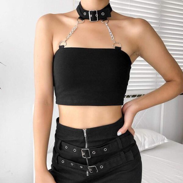 Kinky Cloth 200000790 Black Gothic Halter Chain Crop Top