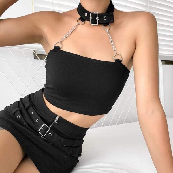 Kinky Cloth 200000790 Black Gothic Halter Chain Crop Top