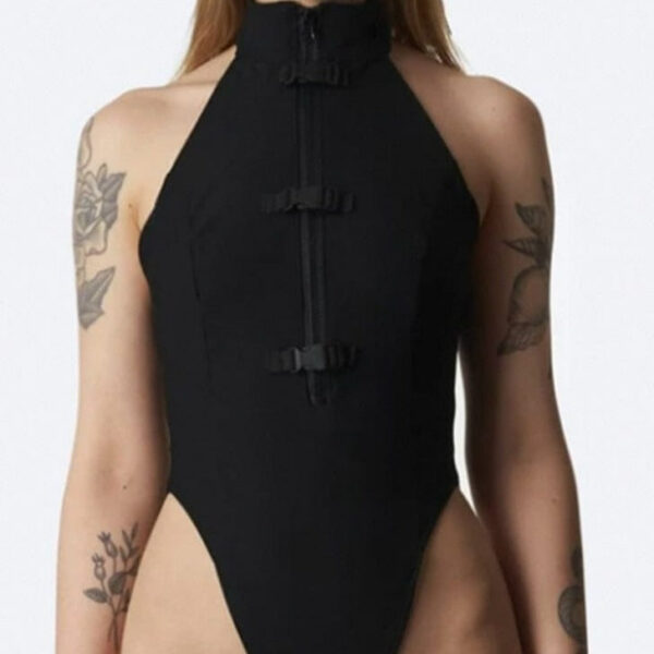 Kinky Cloth S / Black Black High Cut Buckle Bodysuit