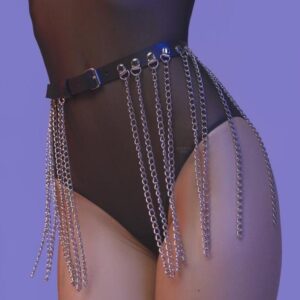 Kinky Cloth 200001886 Black Leather Silver Chain Drop Belt