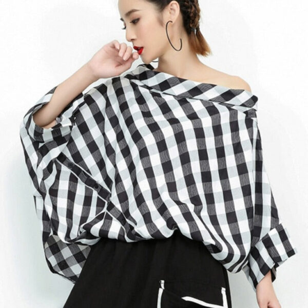 Kinky Cloth Black Plaid Big Size Blouse