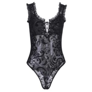 Black Sleeveless Ruffle Gothic Lace Bodysuit | Buy Online | Kinky Cloth