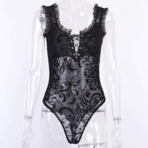 Black Sleeveless Ruffle Gothic Lace Bodysuit | Buy Online | Kinky Cloth