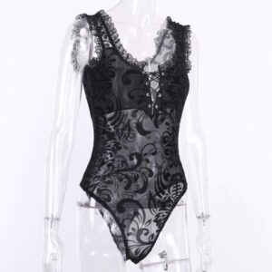 Black Sleeveless Ruffle Gothic Lace Bodysuit | Buy Online | Kinky Cloth