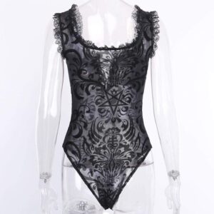 Black Sleeveless Ruffle Gothic Lace Bodysuit | Buy Online | Kinky Cloth