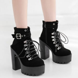 Kinky Cloth Black Suede Thick Heel Boots