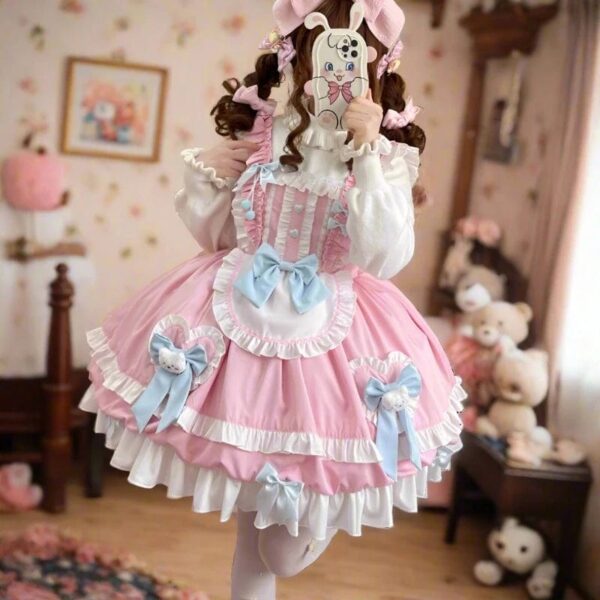 Kinky Cloth Pink Sleeveless / S Bow Bear Lace Jsk Dress