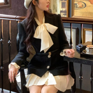 Kinky Cloth Bow Pleated Dress and Coat Set