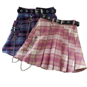 Kinky Cloth Chain Pocket Plaid Mini Skirts