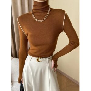 Kinky Cloth Caramel / One Size Color-block Knit Turtleneck Sweater