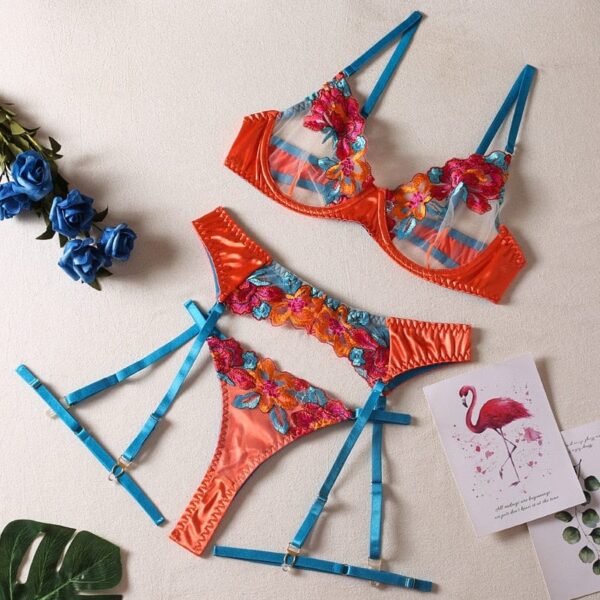 Kinky Cloth Orange Blue / S Contrast Color Embroidery Bra Set