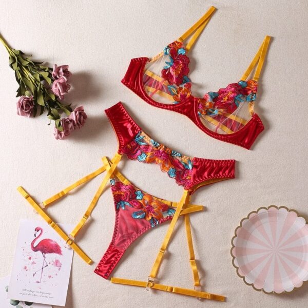 Kinky Cloth Red Yellow / S Contrast Color Embroidery Bra Set