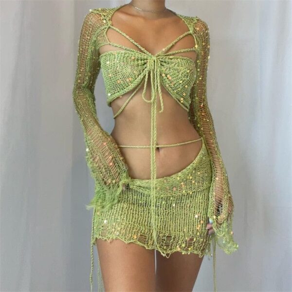 Kinky Cloth Crochet Knitted Sequins Matching Sets