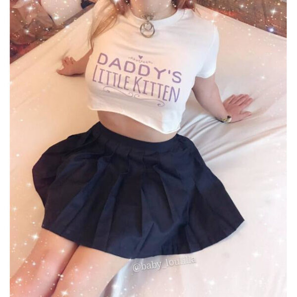 Kinky Cloth Top Crop Top - S / White/ Pink Font Daddy's Little Kitten Top