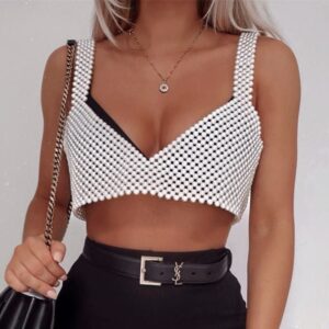 Kinky Cloth White / One Size Deep V Neck Pearl Crop Vest