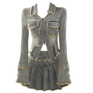 Kinky Cloth Denim Jacket + Mini Pleated Skirt