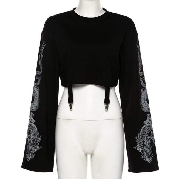 Kinky Cloth 200000348 Black / S Dragon Print Flare Sleeve Crop Top